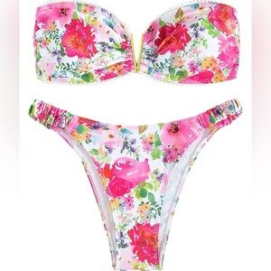 OYOANGLE Pink Floral Print Bikini V-Wired Strapless Bandeau Swimsuit Women’s M